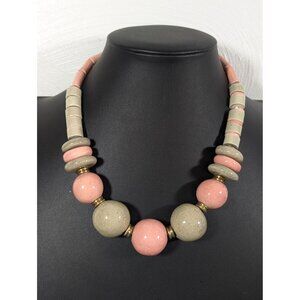 Pink Gray Ceramic Bead Statement Necklace Chunky Tribal Boho 17"